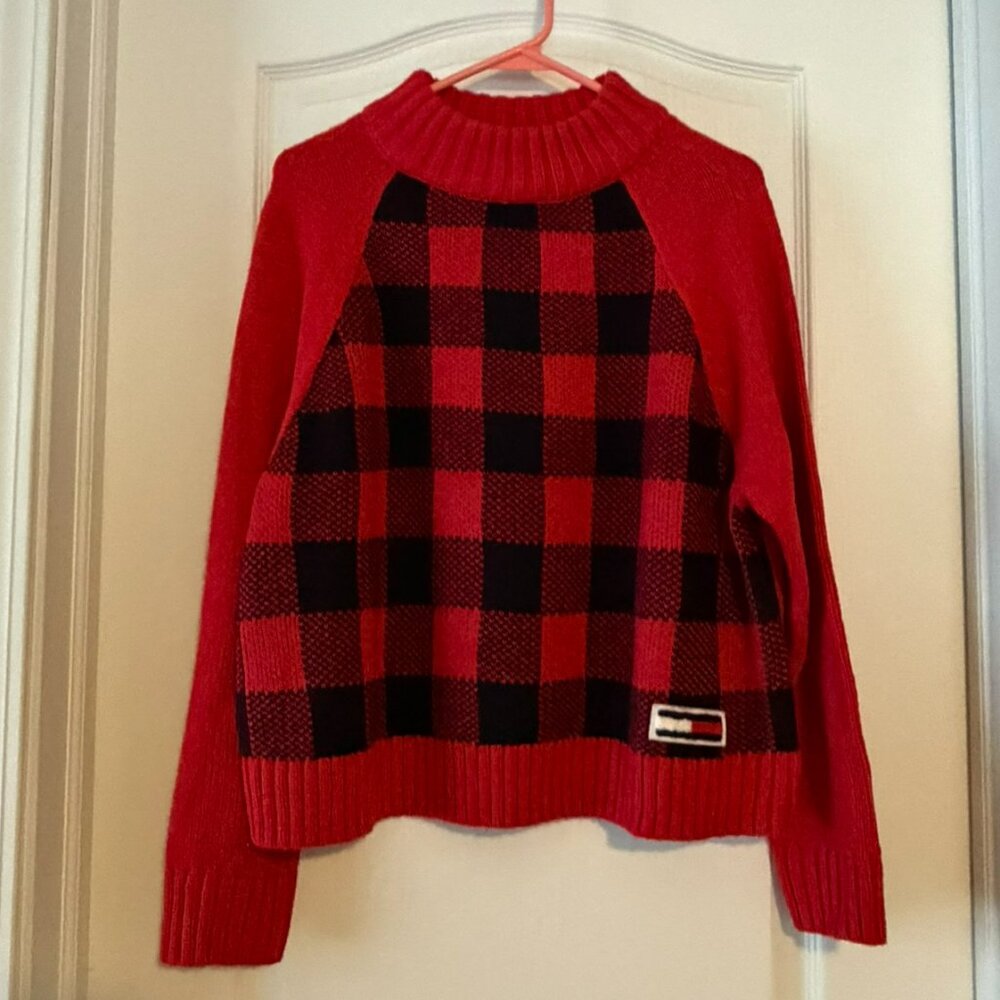 Tommy Jeans Red Black Buffalo Plaid Sweater Mock Neck Size XL EUC